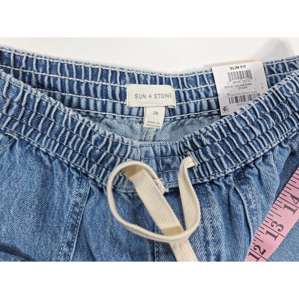 Sun + Stone Men 29 Slim Fit Denim Cargo Jeans Elastic Waist Drawstring Blue NWT - Picture 7 of 8